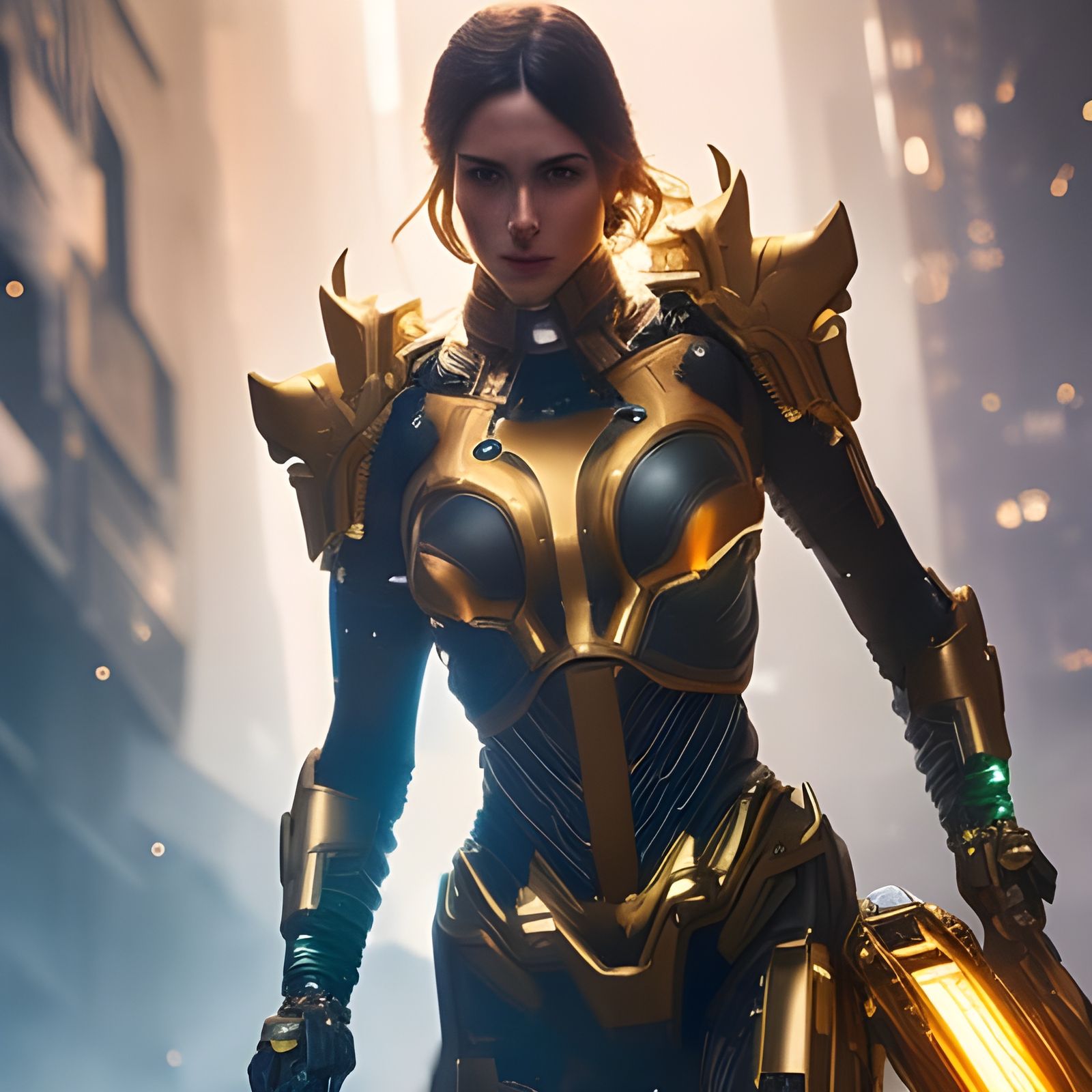 Golden Cyborg in Futuristic Fantasy Landscape