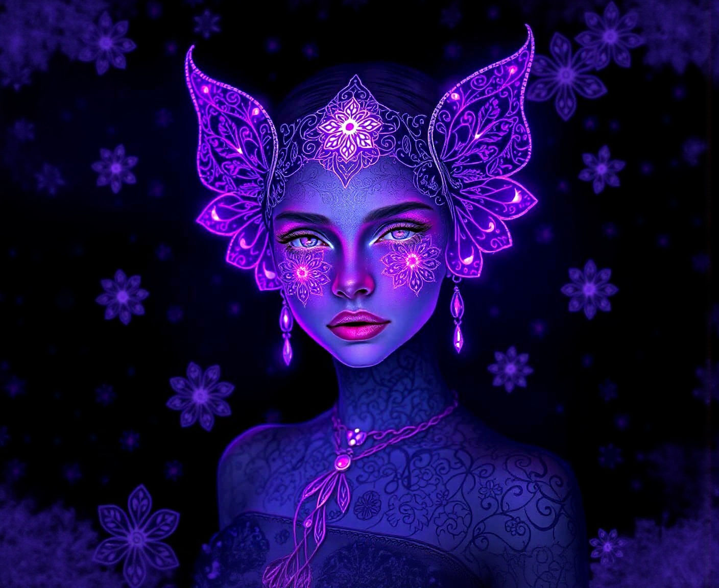 Ethereal Bioluminescent Maiden with Filigree Designs