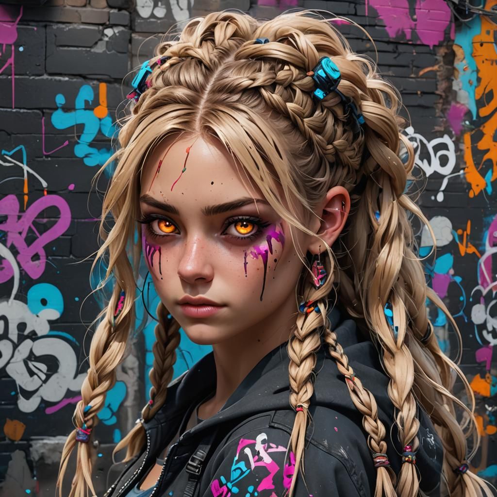 Graffiti Girl with Glowing Eyes, Detailed Digital Art