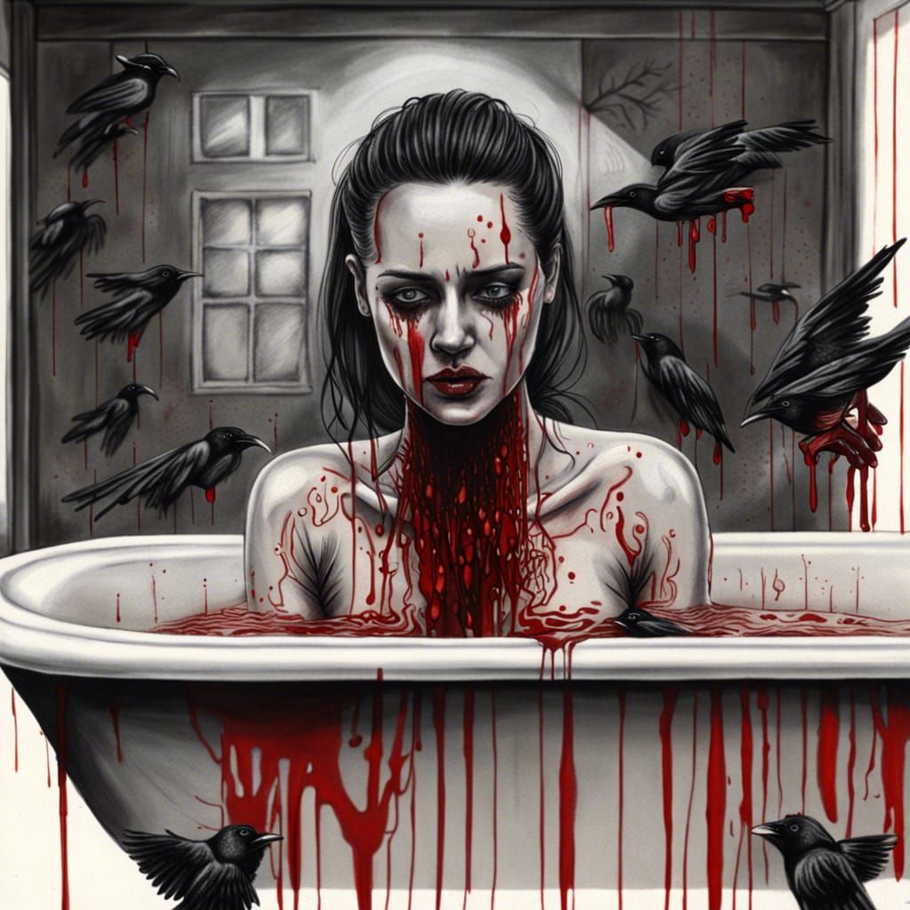 Charcoal Drawing: Woman in Bathtub with Crows