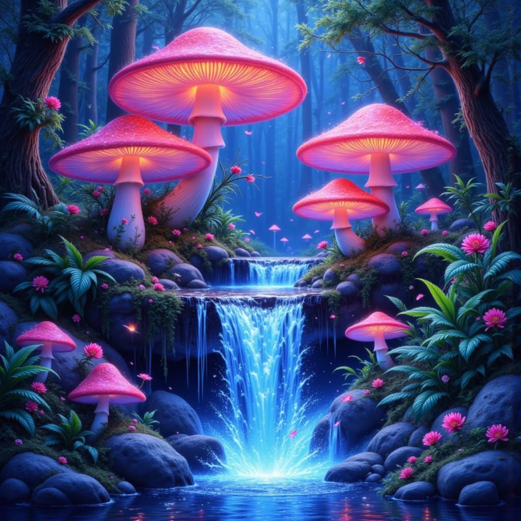 Glowing Mushroom Waterfall in Dreamlike Impressionist Style