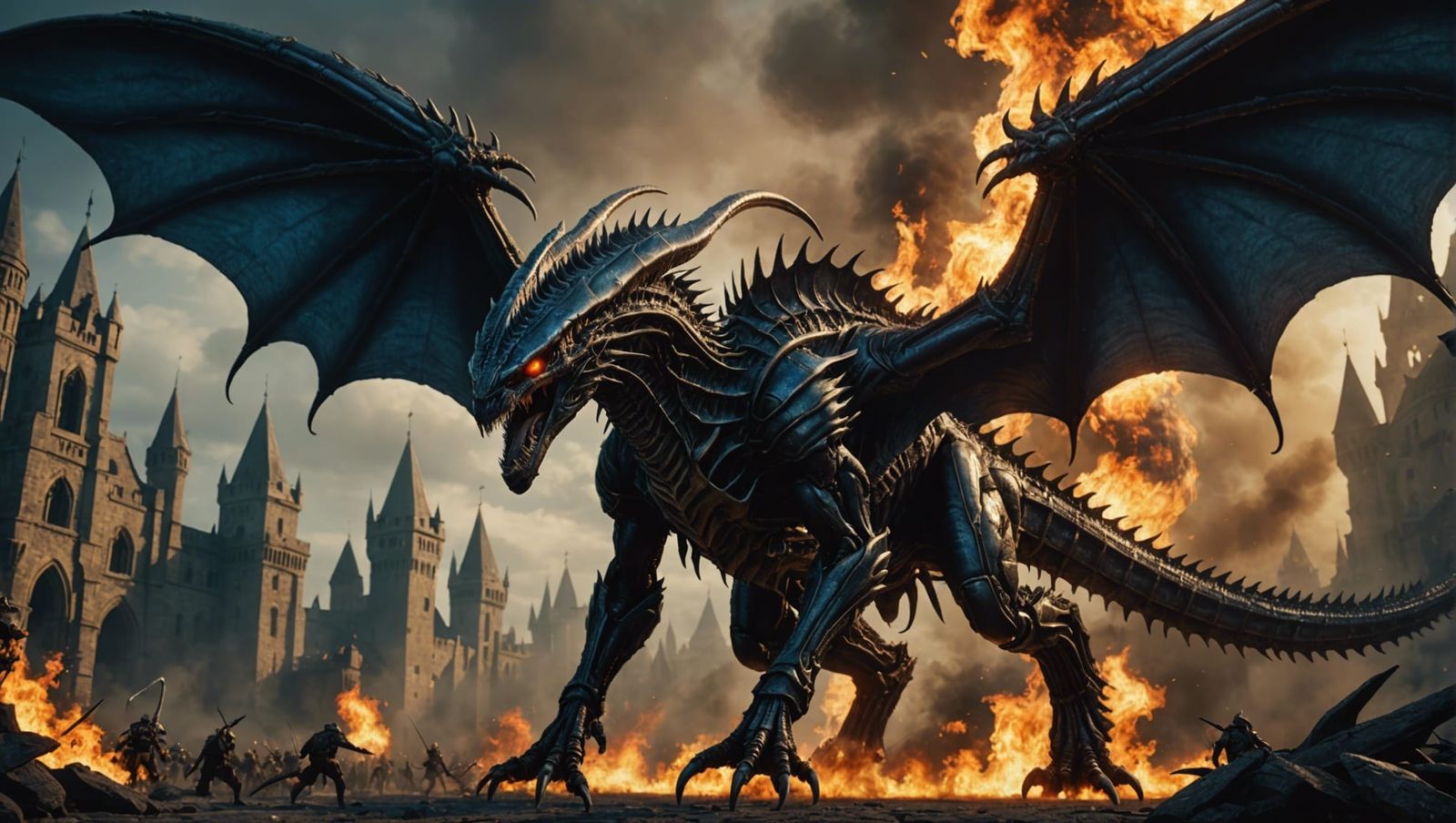 Xenomorph Queen Dragon Over Burning Medieval Army