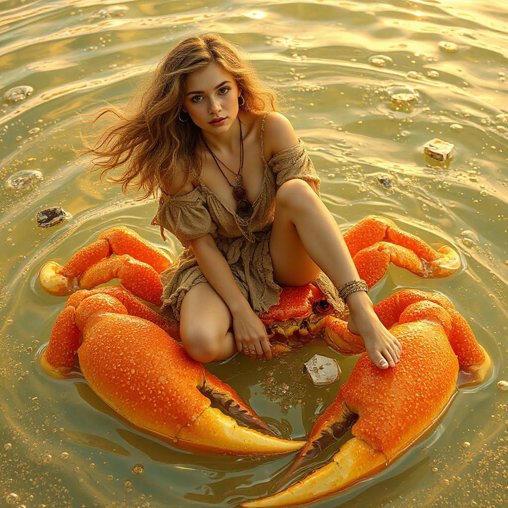 Woman on Gummy Crab in Effervescent Soda Sea