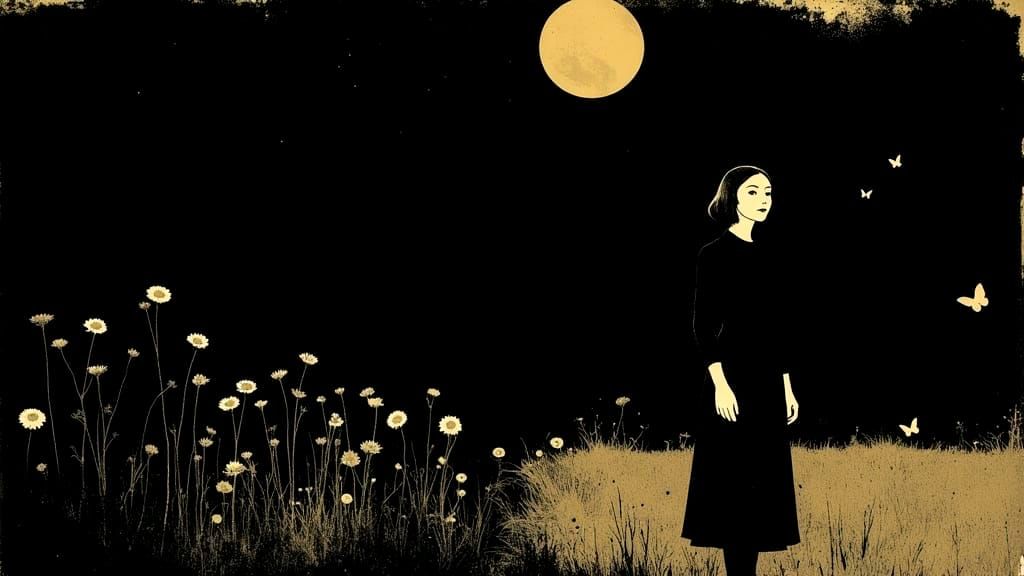 Surreal Midnight Landscape with Wildflowers and Butterflies