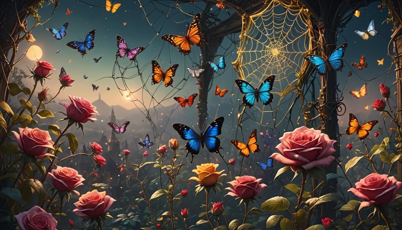 Fantastical Roses, Webs, and Butterflies in Detailed Paintin...