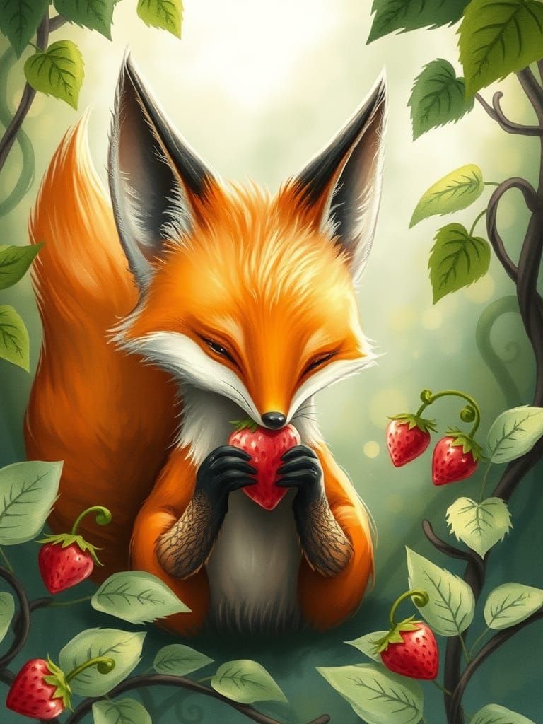 Anthropomorphic Fox Enjoys Strawberry in Whimsical Forest