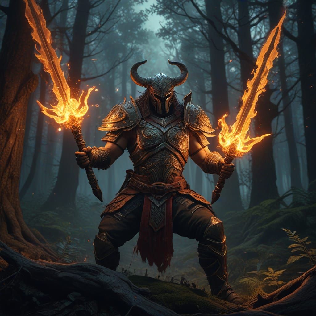 Heroic Warrior Wields Triadic Flame Swords in Vibrant Oil Pa...