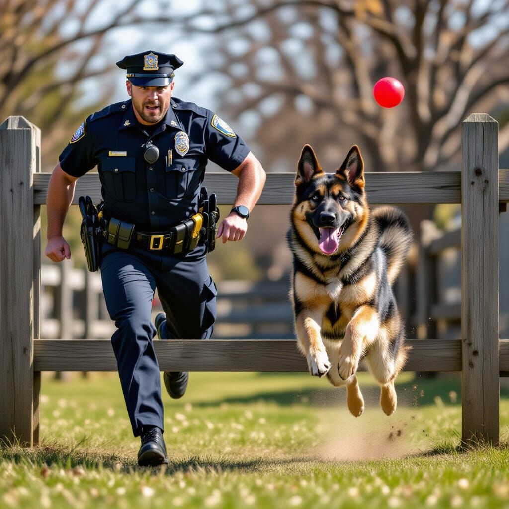 Officer and Dog Leap Fence in Humorous Chase