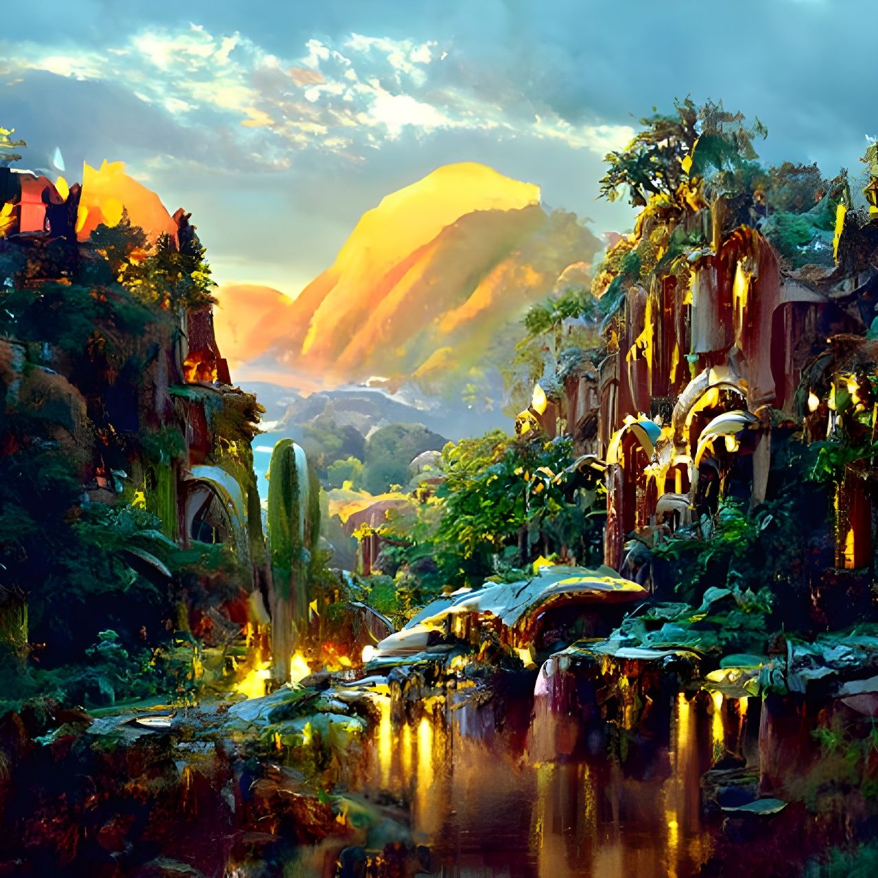 El Dorado: Lost City in Lush Valley at Sunrise