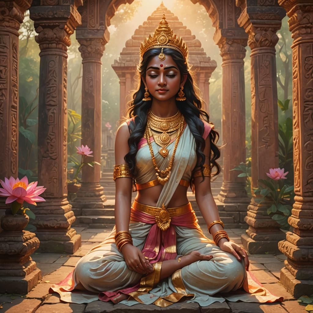 Hindu Goddess in Ancient Temple: Golden Light Oil Painting