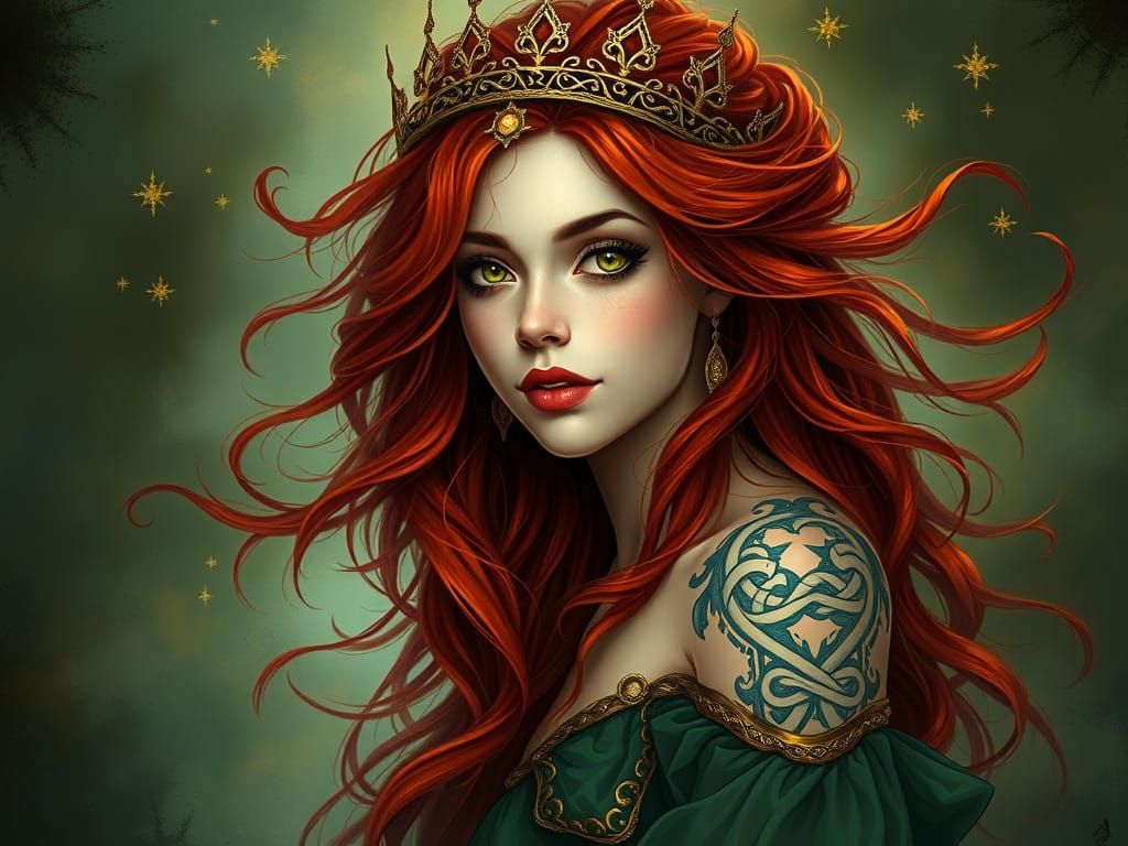Mystical Woman in Celtic-Inspired Regalia with Wild Red Hair