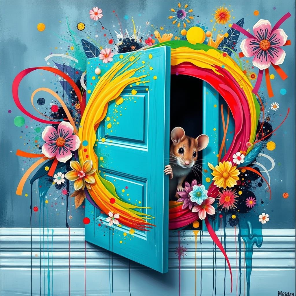 Shy Mouse Peeking from Behind Teal Door