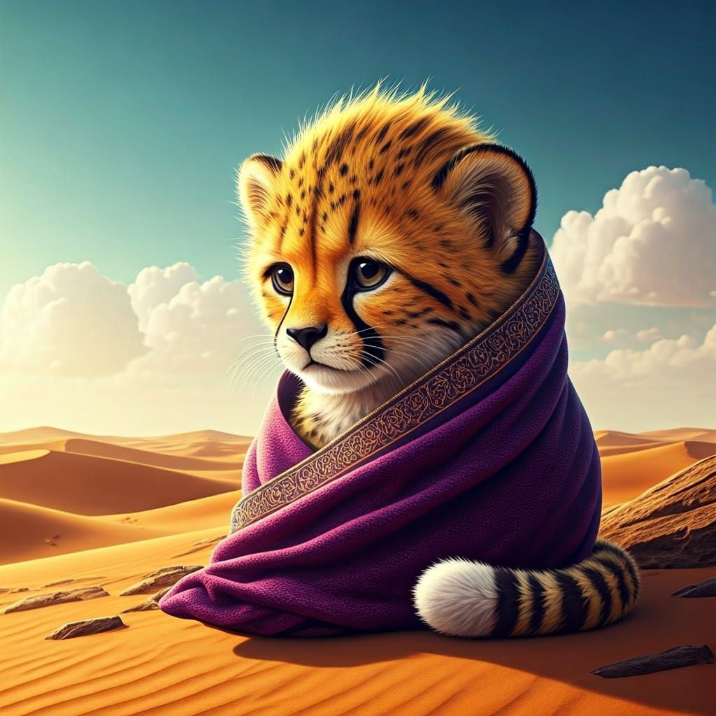 Knitted Cheetah Cub in Sahara Desert as 3D Art