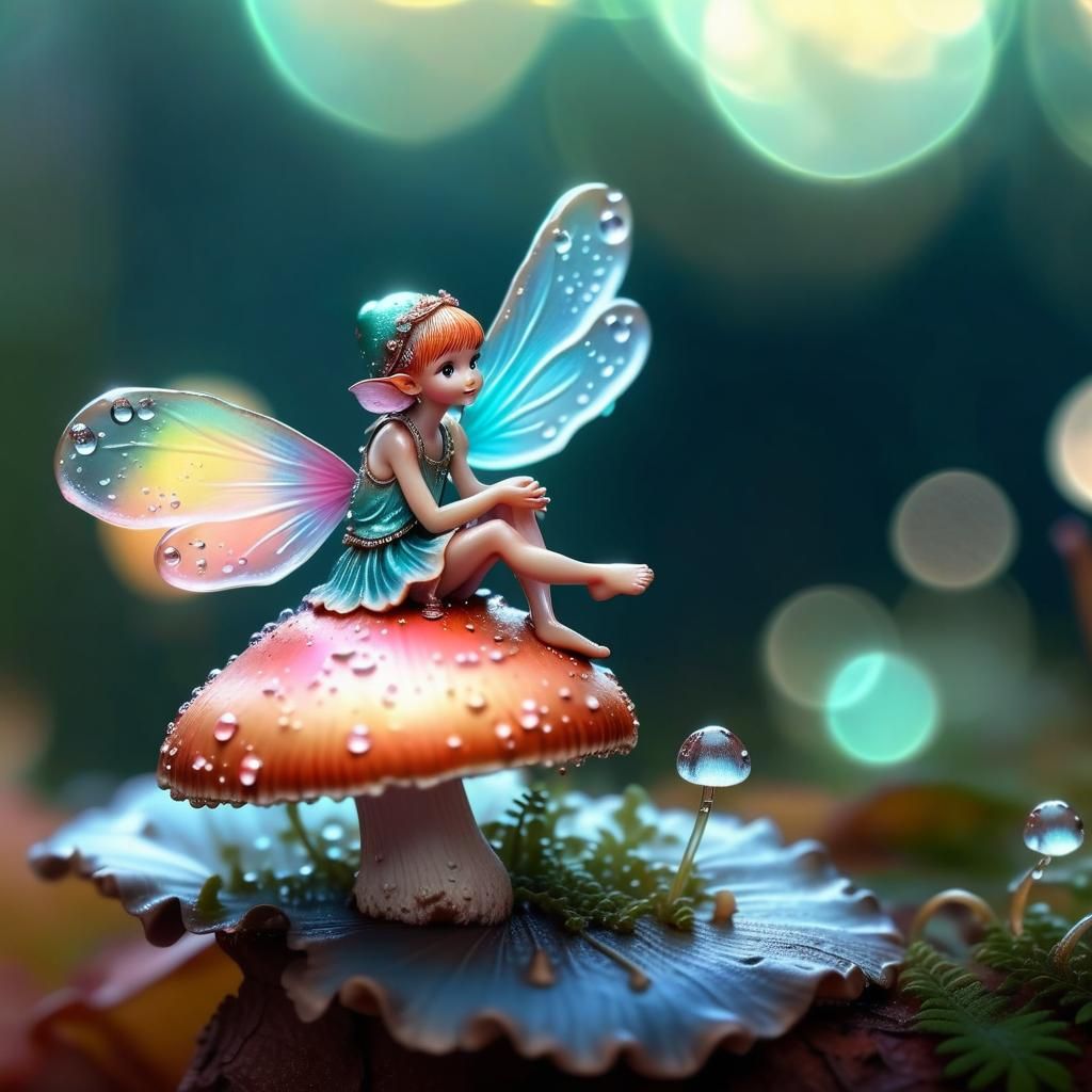 Fairy on Mushroom in Hyperrealistic Macro Photography
