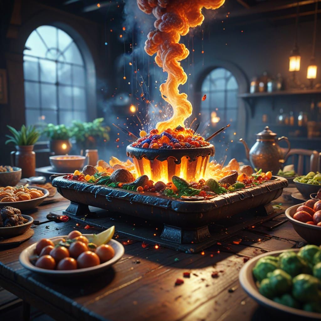 Magical Table Set With Luminous Food in Epic 3D Style