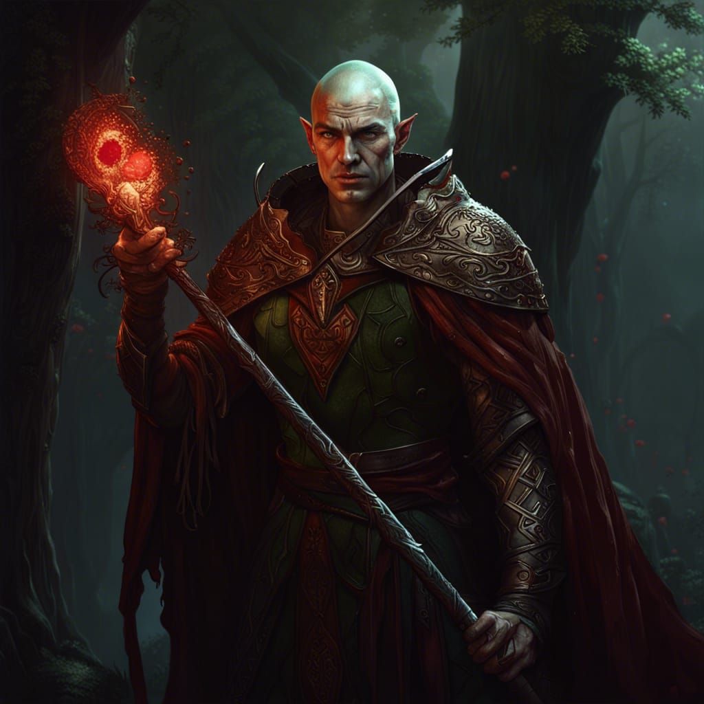 Elven Man with Bloodied Staff: Dark Fantasy Art