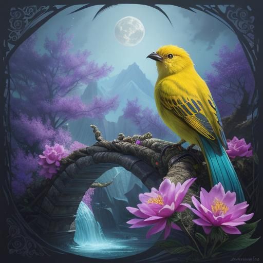 Yellow Bird on Crescent of Flowers: Fantasy Art