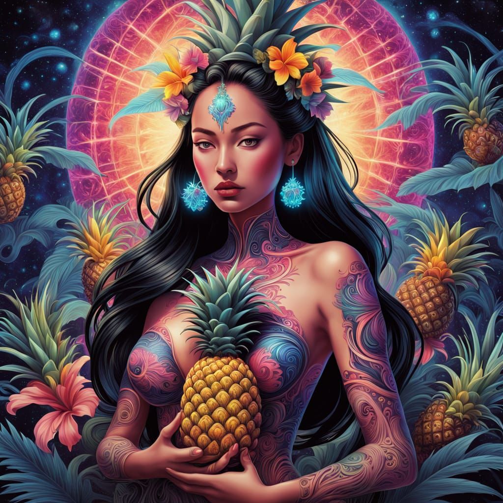 Hawaiian Maiden in Bioluminescent Pineapple Field Under Nebu...