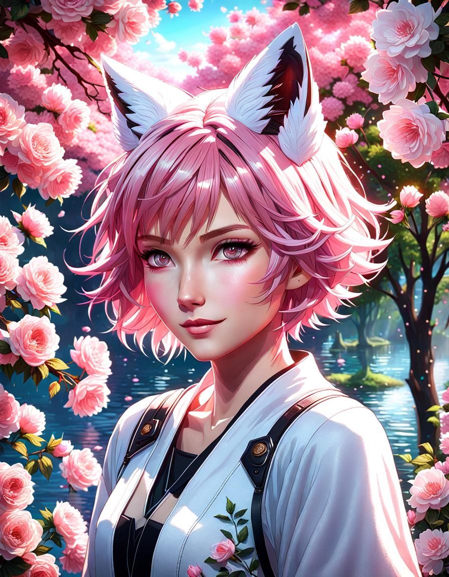 Pink-Haired Girl Portrait in Cherry Blossom Garden