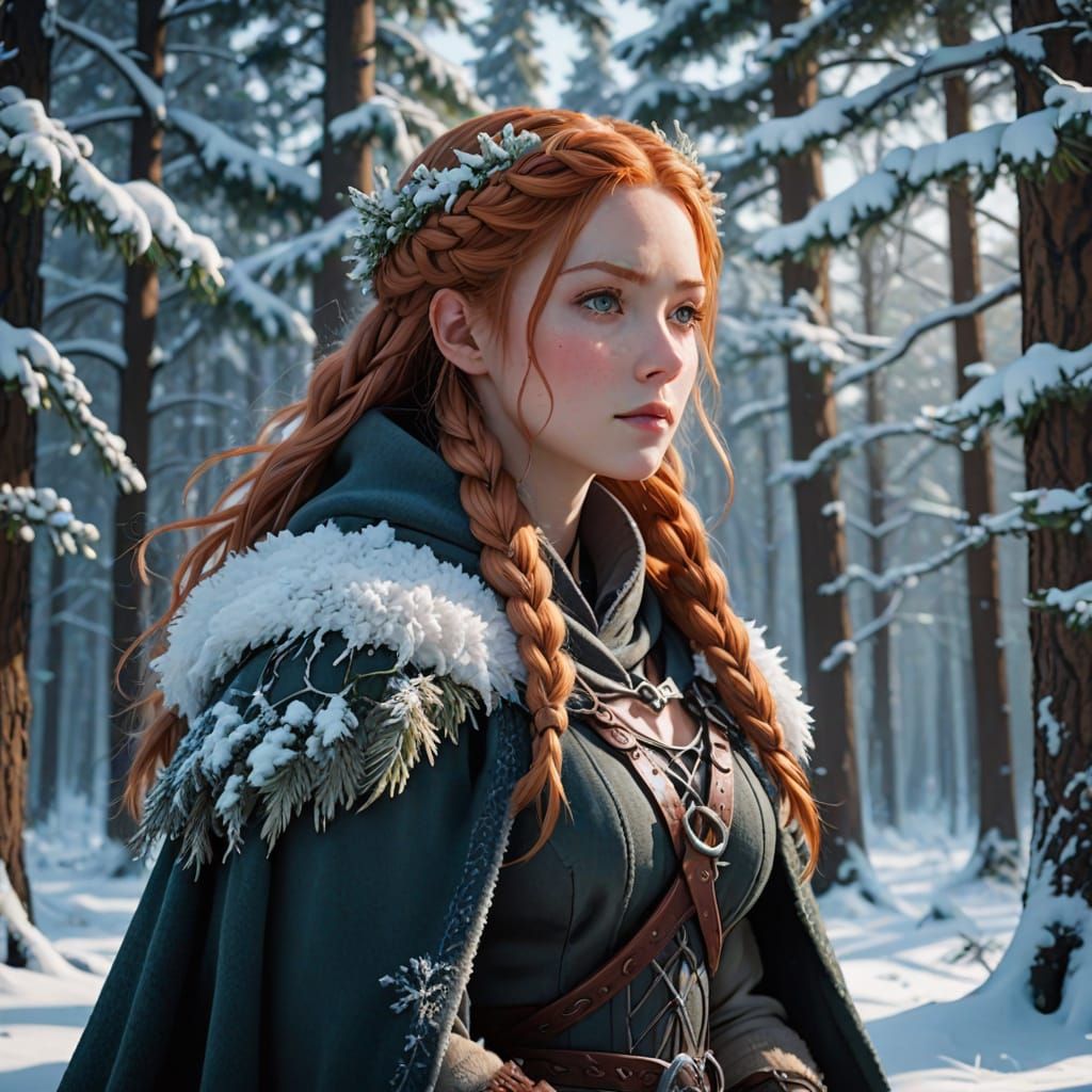 Anime Norse Woman in Winter Landscape