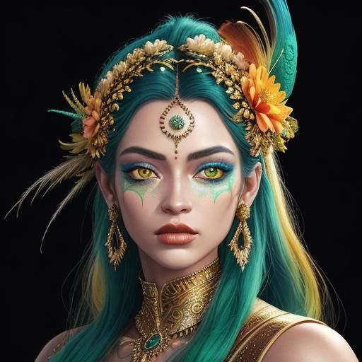 Metallic Woman with Peacock Feathers: Hyper-Realistic Digita...