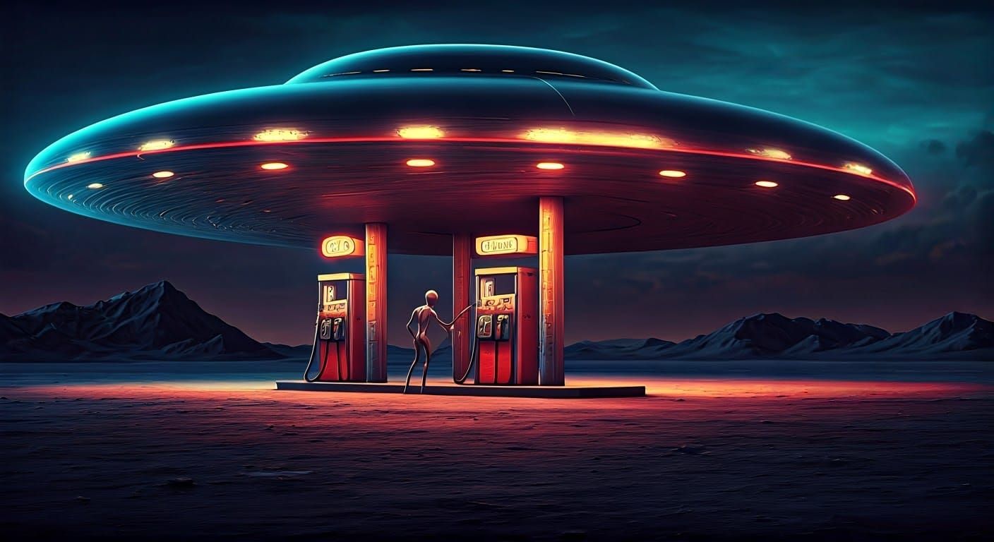 Alien Gas Station on the Moon in Surreal Style