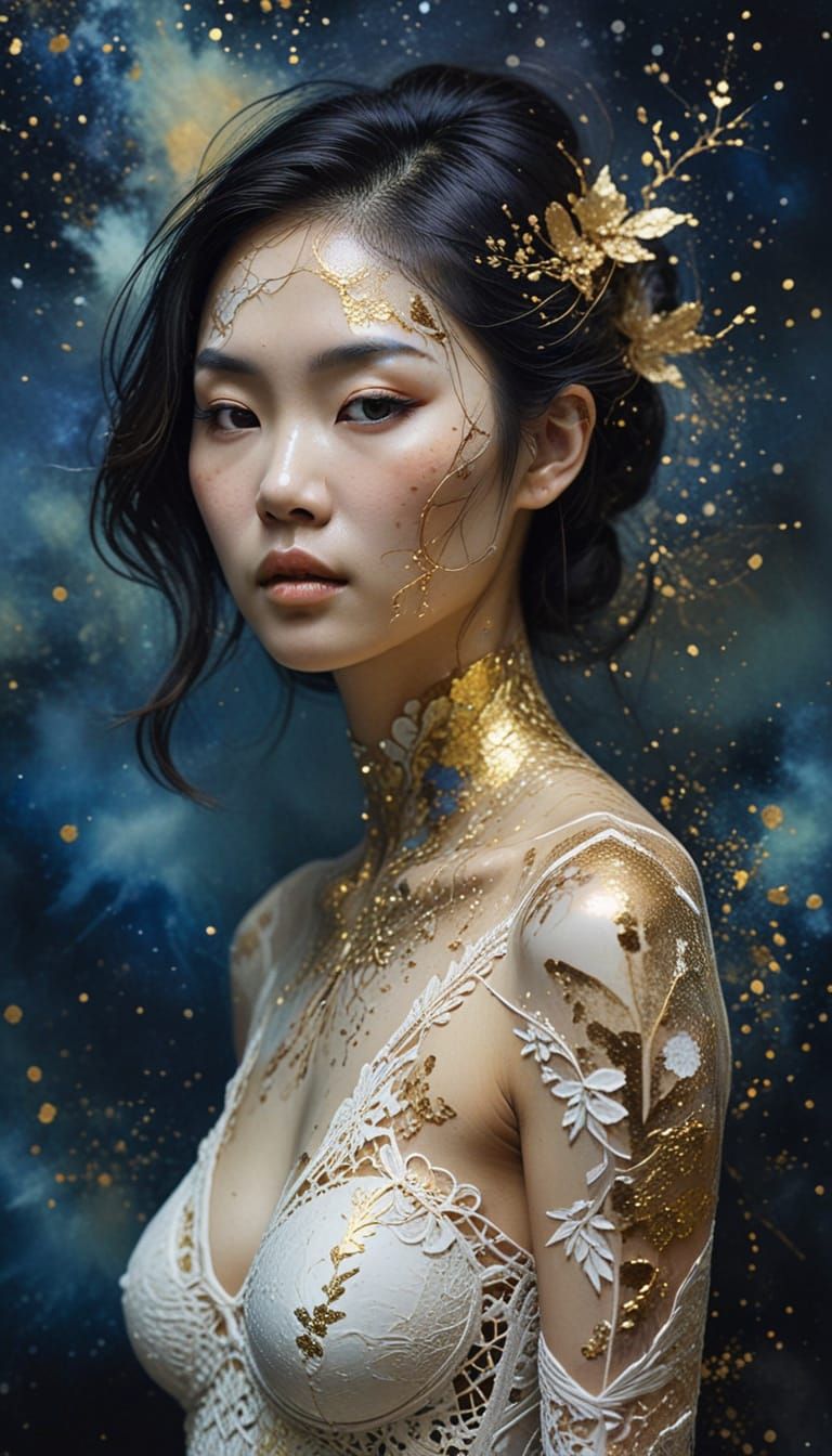 Abstract Asian Woman in Lace with Gold Leaf