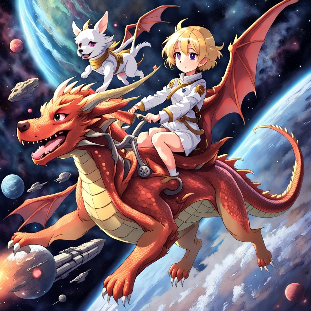 Dog Riding Dragon in Space, Anime Style