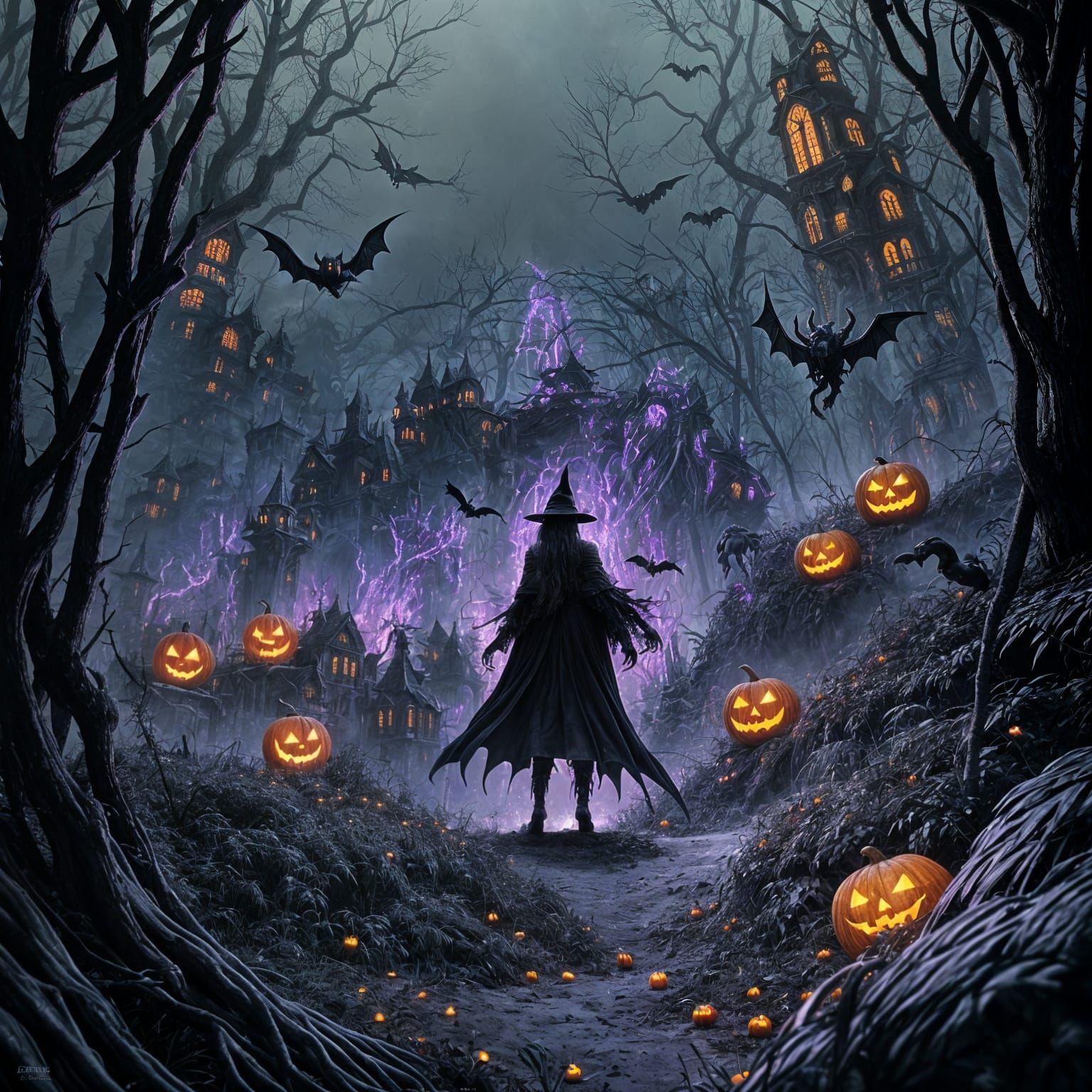 Witch and Giant Pumpkin in Misty Forest