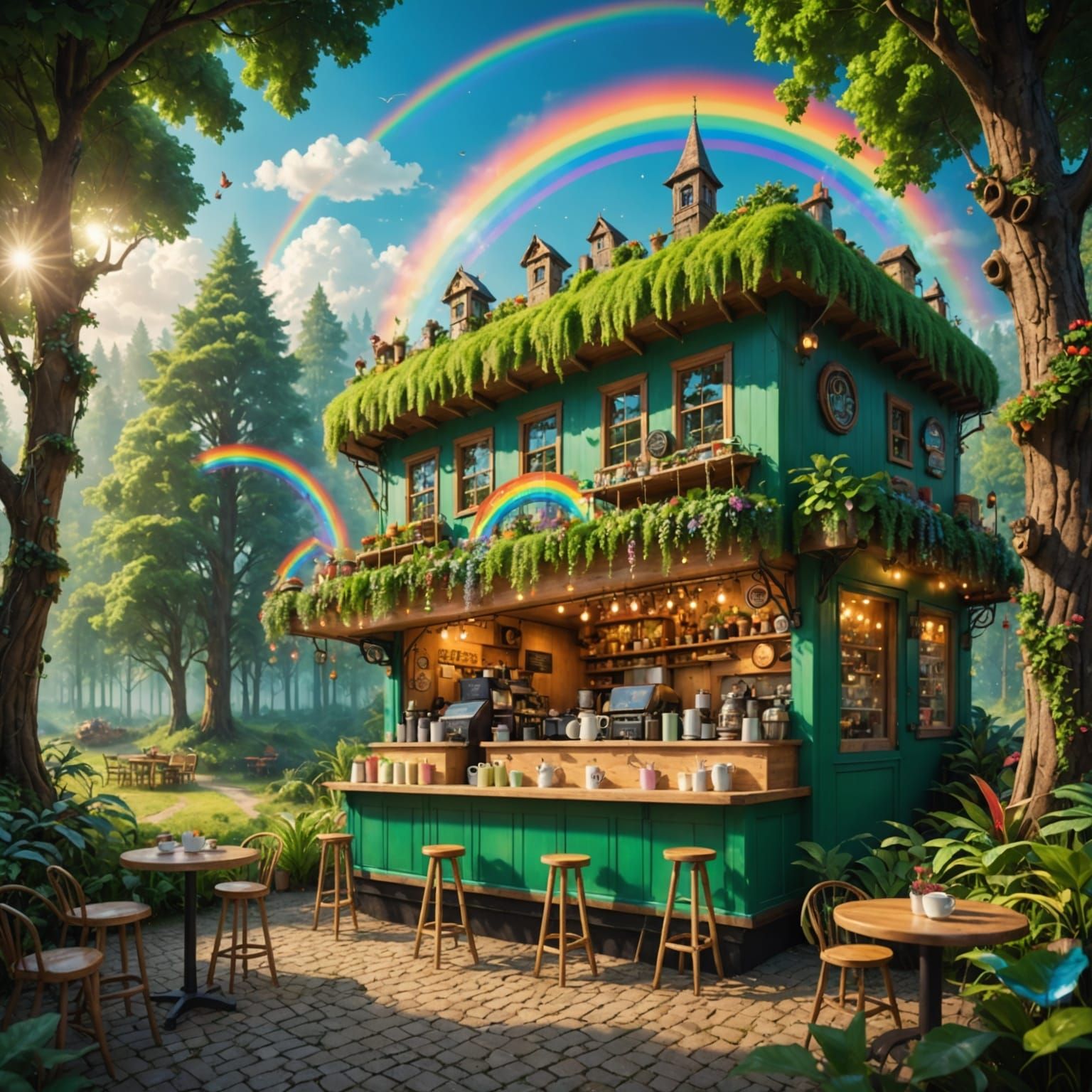 Enchanted Forest Coffee Cafe with Fantasy Creatures