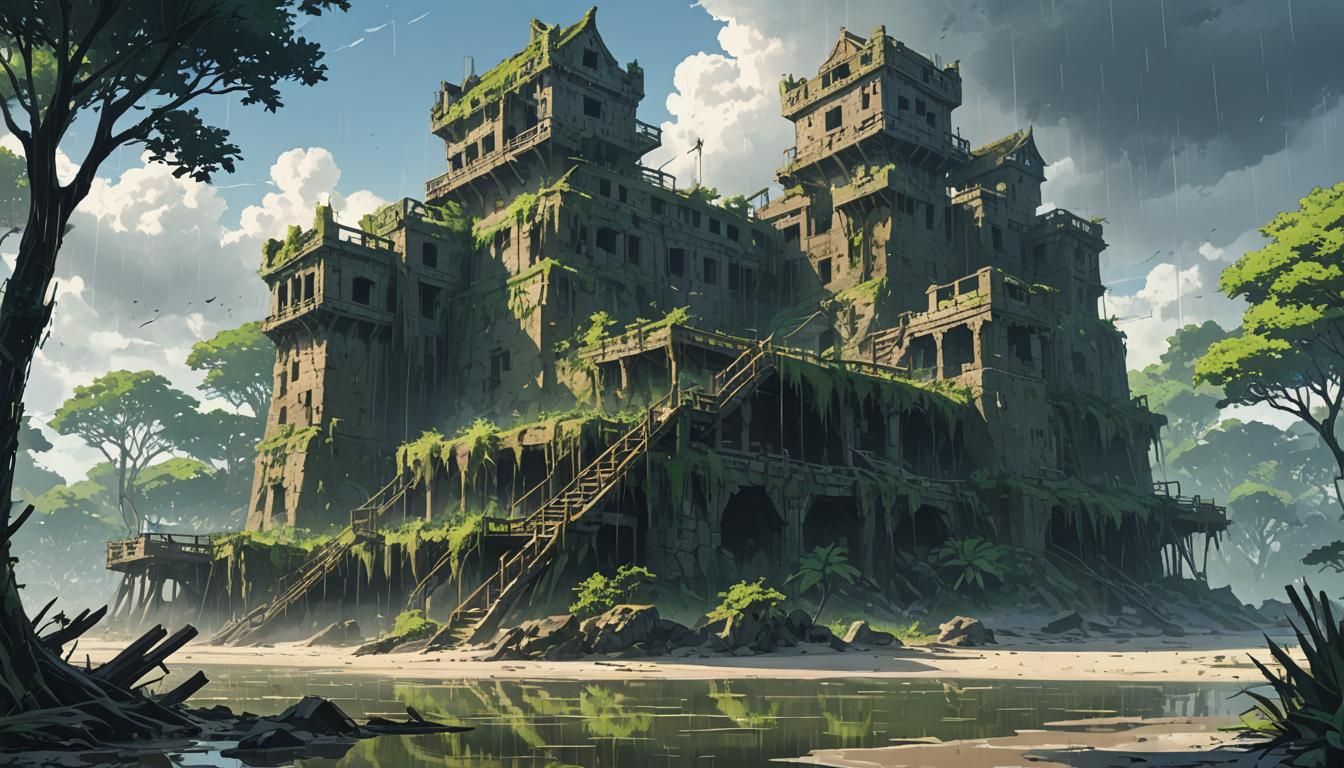 Swamp Fort Ruins on Beach in Anime Style