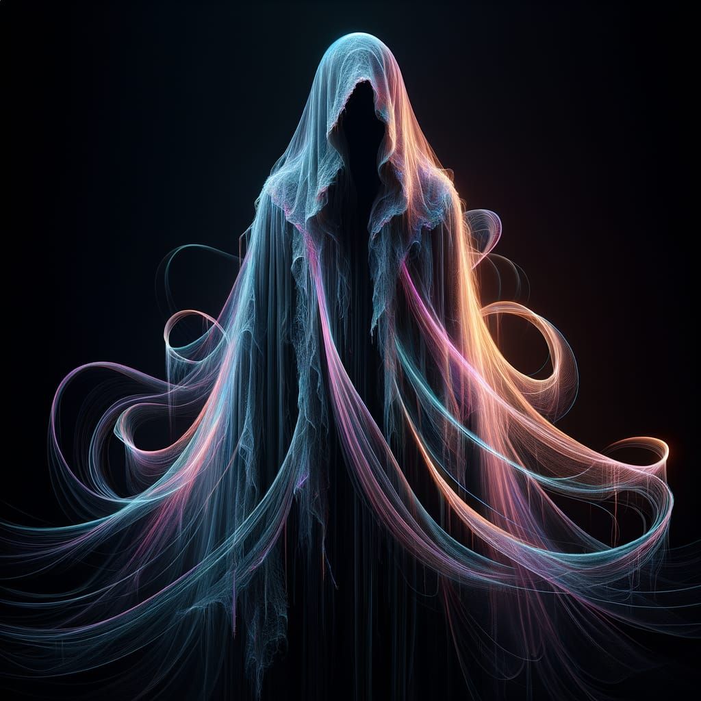 Ethereal Figure in Neon Robe Against Dark Background
