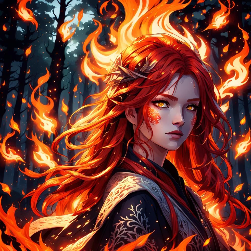 Fiery Red-Haired Girl in Mystical Forest, Genshin Impact Sty...