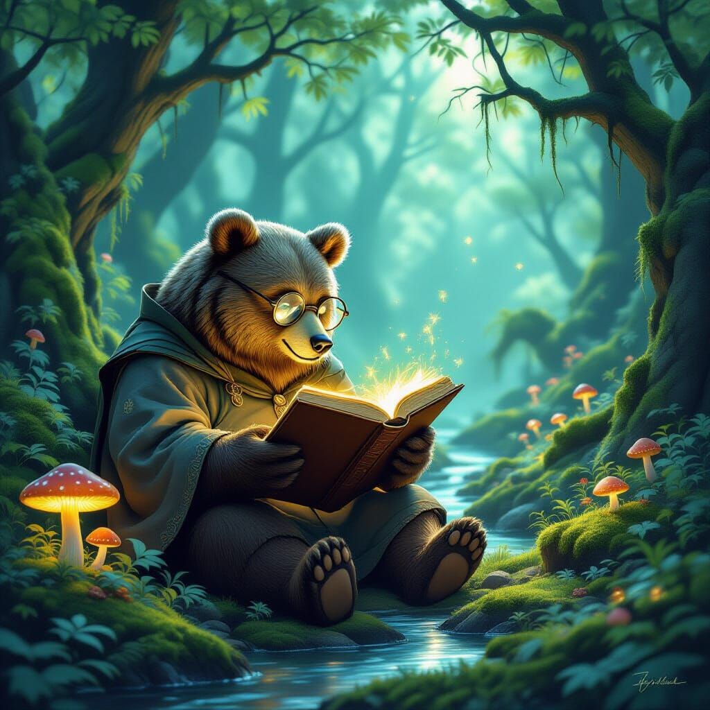 Wise Bear Reads Ancient Tome by Mushroom Light