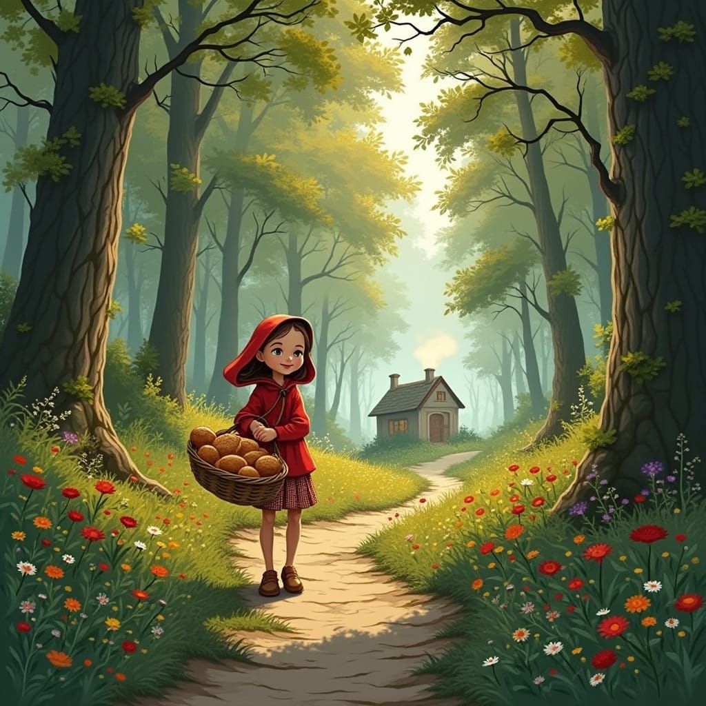 Joyful Girl Walks Forest Path in Whimsical Style