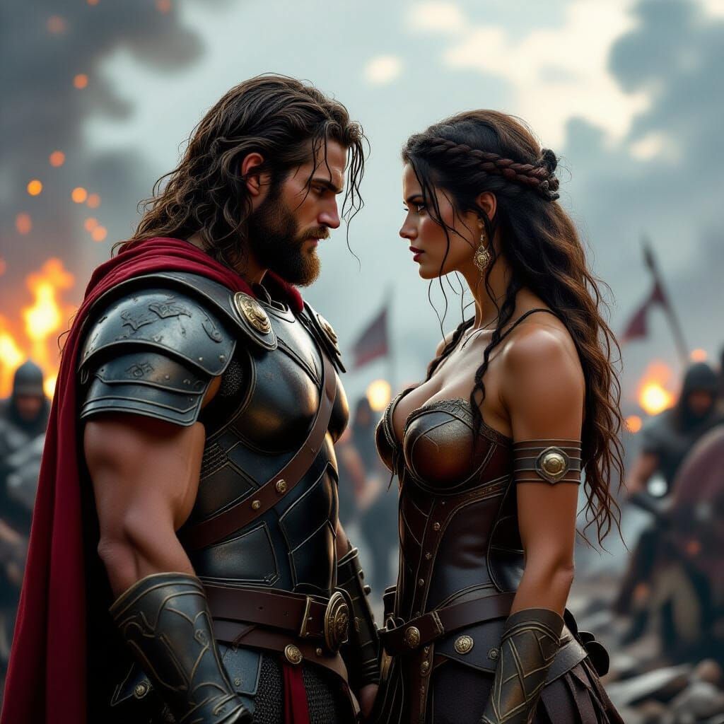 Warriors' Farewell on Battlefield in Hyperrealistic Style