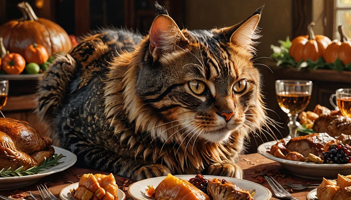 Cat Feasting on Turkey: Hyperrealistic Digital Painting