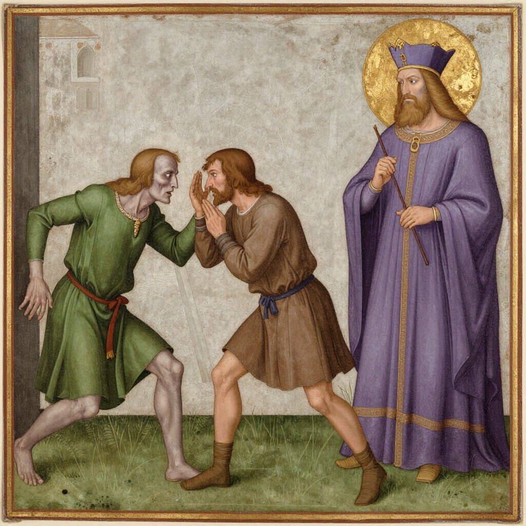 Man Battles Pride and Envy in Pre-Modern Art Style