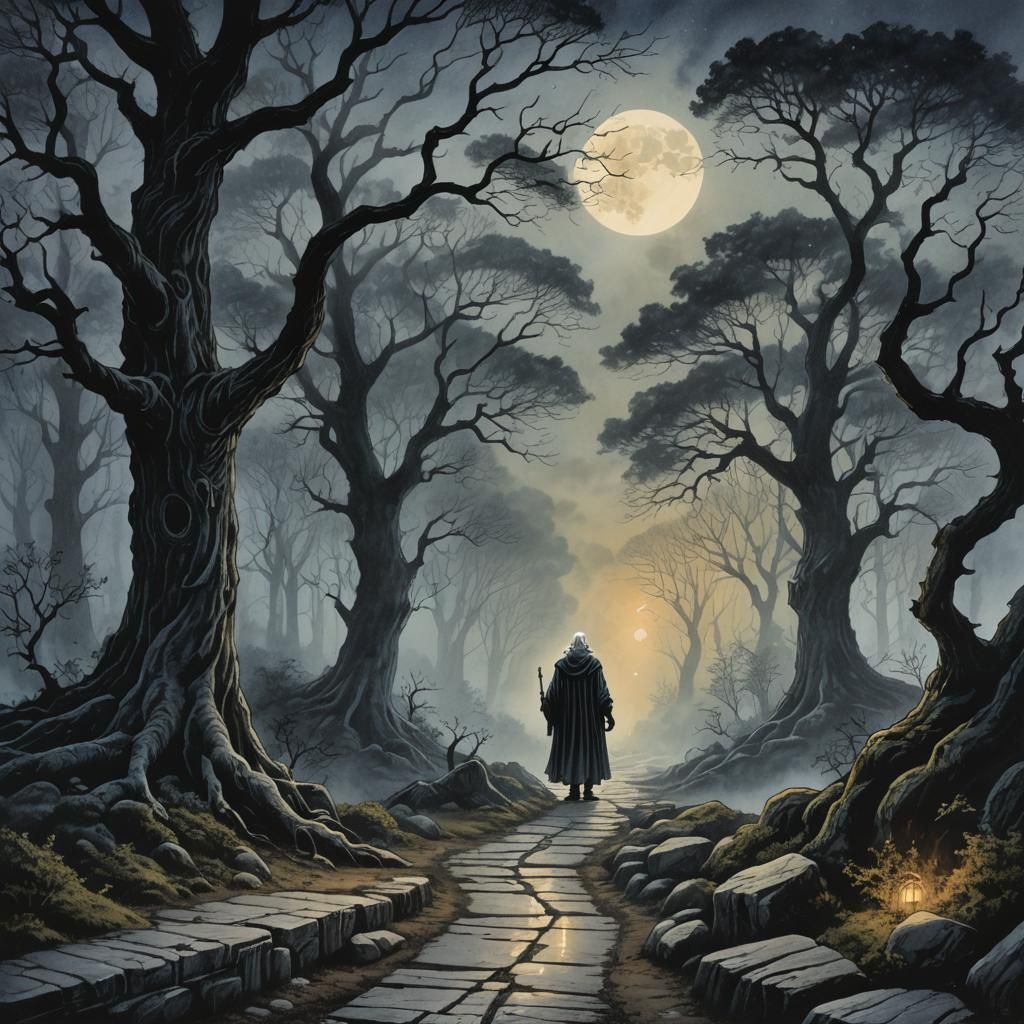 Ethereal Wizard in Misty Forest: Fantasy Illustration