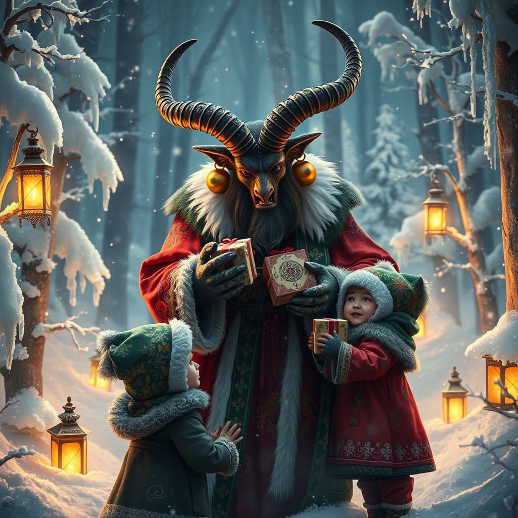 Krampus in Crimson Robes Hands out Gifts to Delighted Childr...