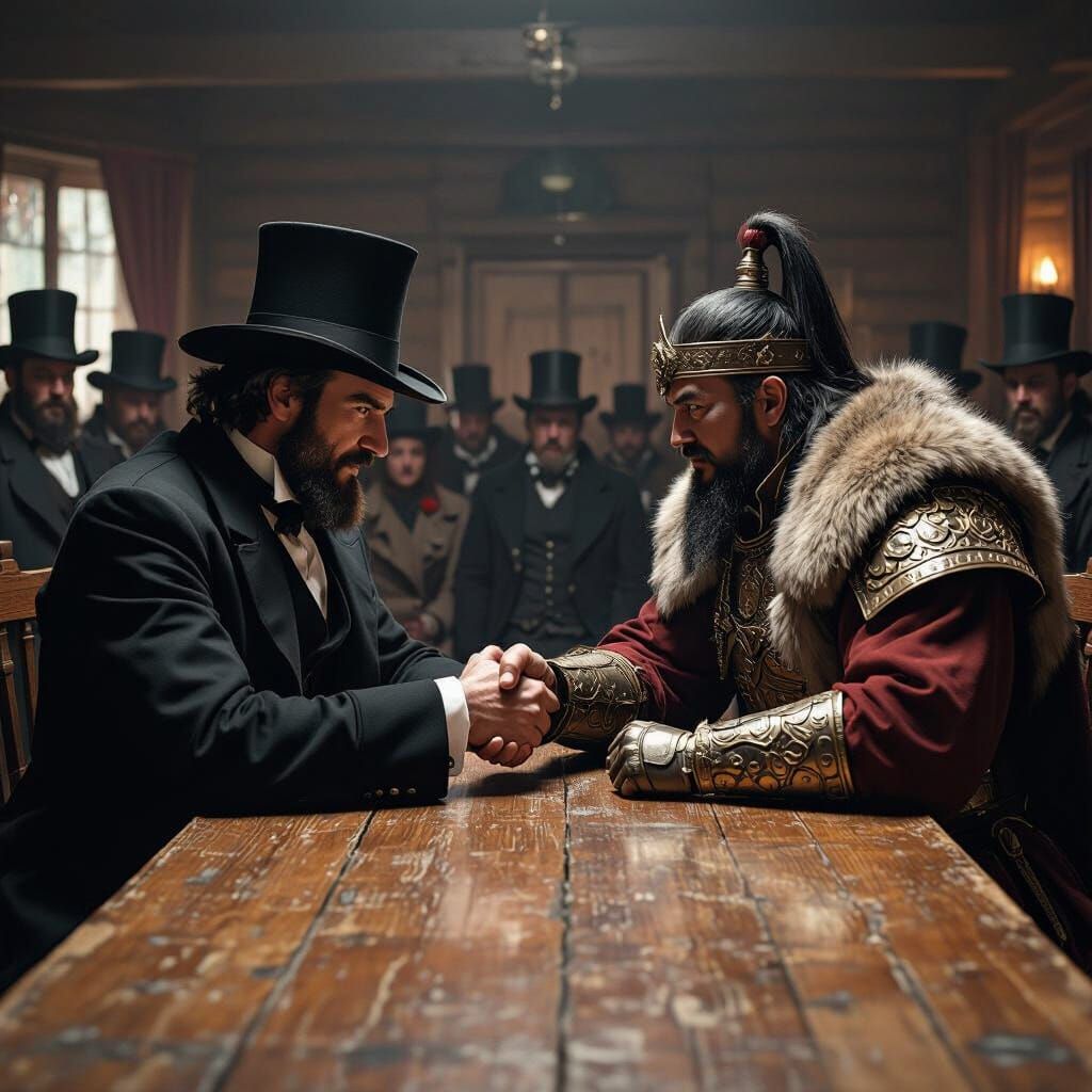 Lincoln and Genghis Khan Arm Wrestle: Noir Art