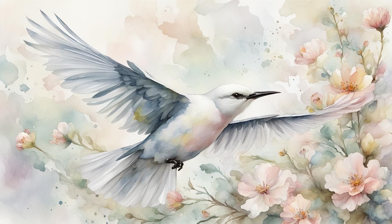 Pale Bird in Flight with Watercolor Flowers