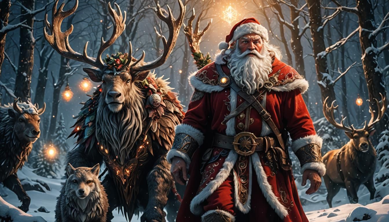 Heroic Father Christmas Warrior in Snowy Forest