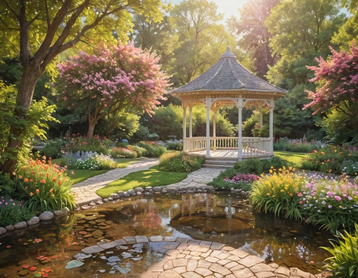 Gazebo Surrounded by Flowers: Impressionist Digital Painting
