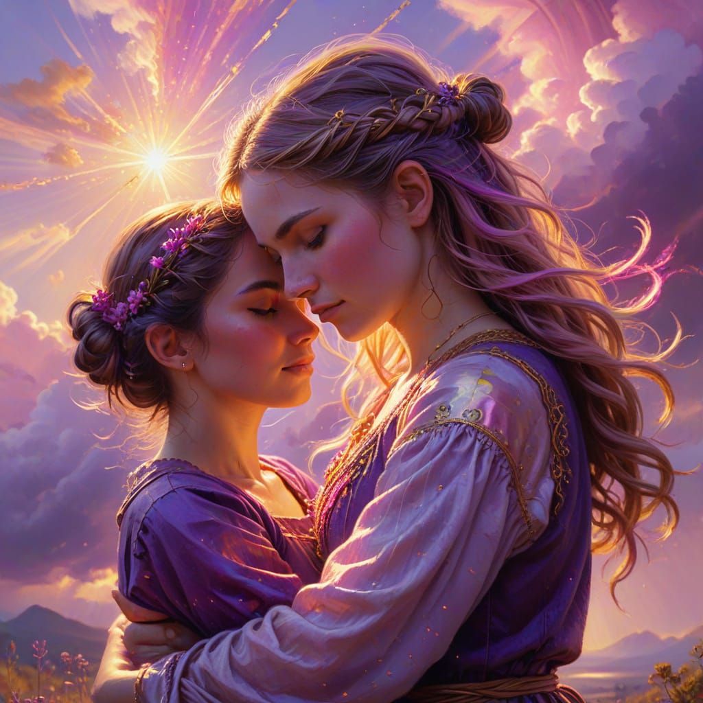 Ethereal Oil Painting: Weaver Girl and Cowherd Embrace