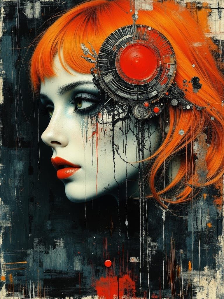Gothic Abstract Portrait with Orange Hair as Impasto Paintin...