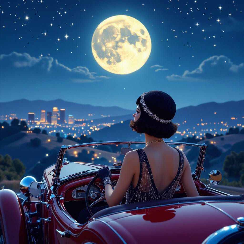 Flapper Drives Under Moonlit Los Angeles Sky