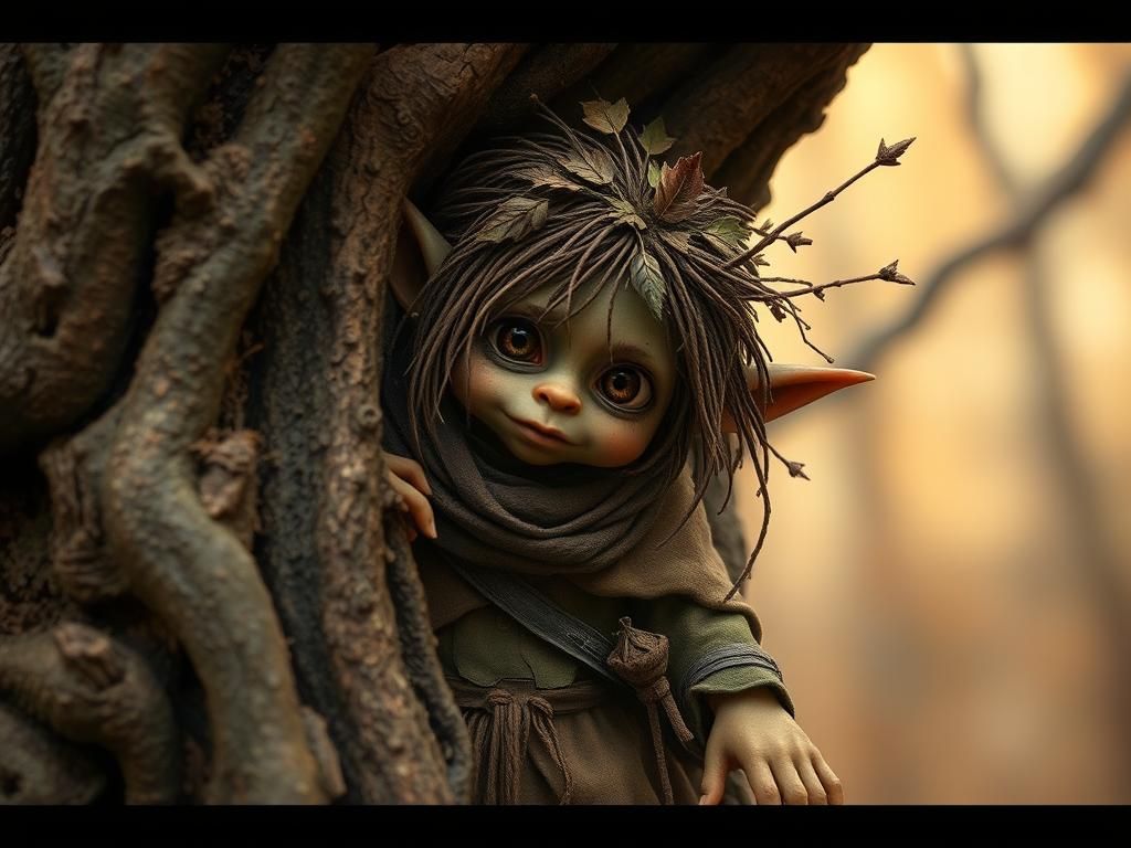 Whimsical Goblin Peeking From Behind a Gnarled Tree