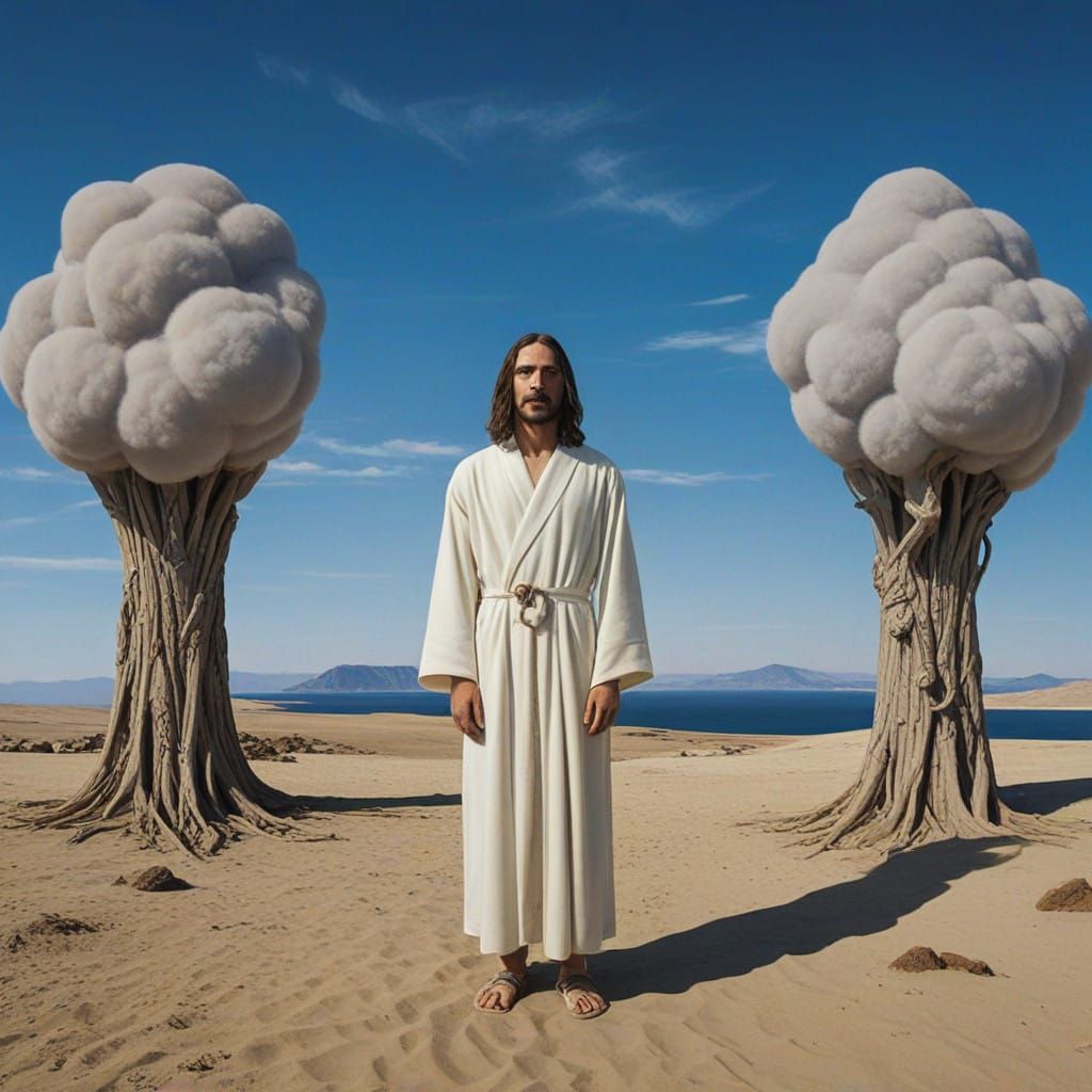 Dreamlike Jesus in Vibrant, Surrealist Landscape