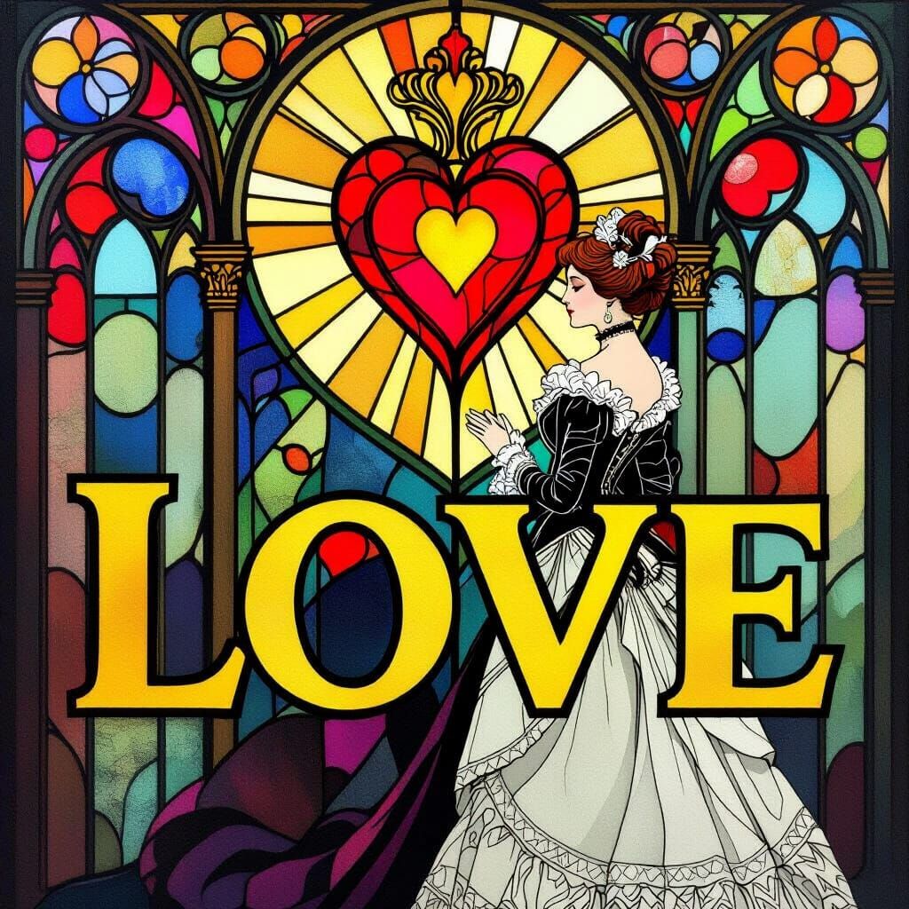 Victorian Woman with Gothic Heart in Abstract Stained Glass